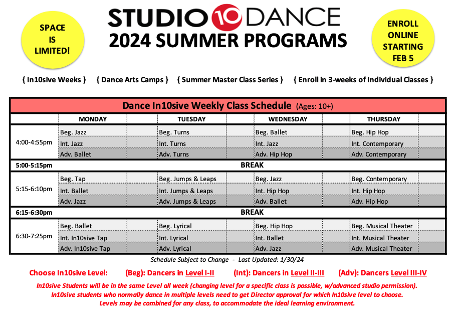 Studio 10 Dance 2024 Summer Program Schedule